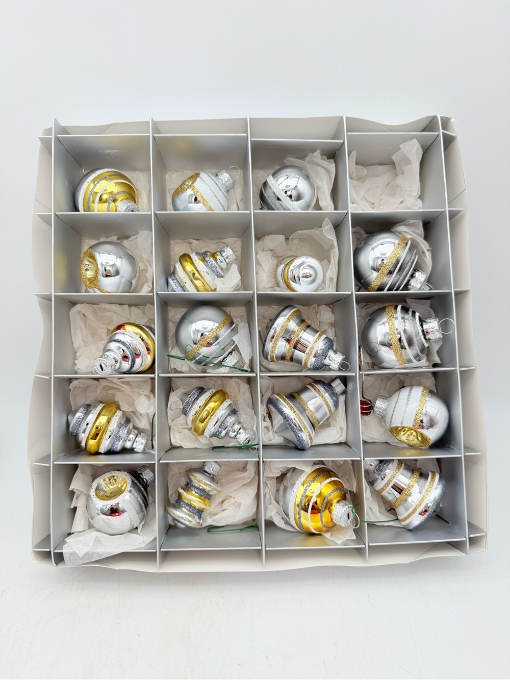 Silver and Gold Striped Glass Holiday Ornament Set - Crate & Barrel